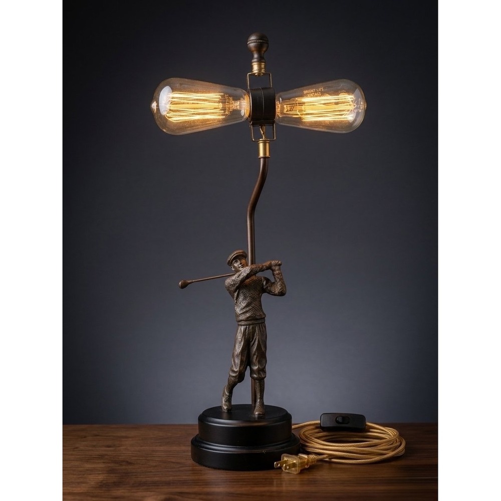 VTG 1920s Style Figural Bronze Golfer Table Lamp - Dual Horizontal Socket 21.5"
